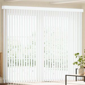 WHITE PATTERNED FABRIC COMPLETE VERTICAL WINDOW BLIND MADE TO MEASURE CHILD SAFE 