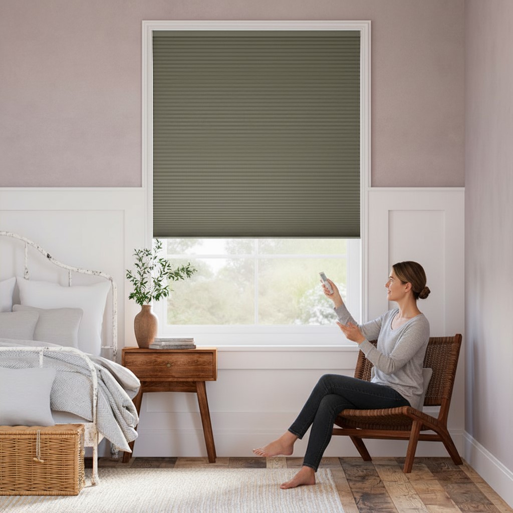 Kitchen showcasing automatically scheduled closing/opening blinds