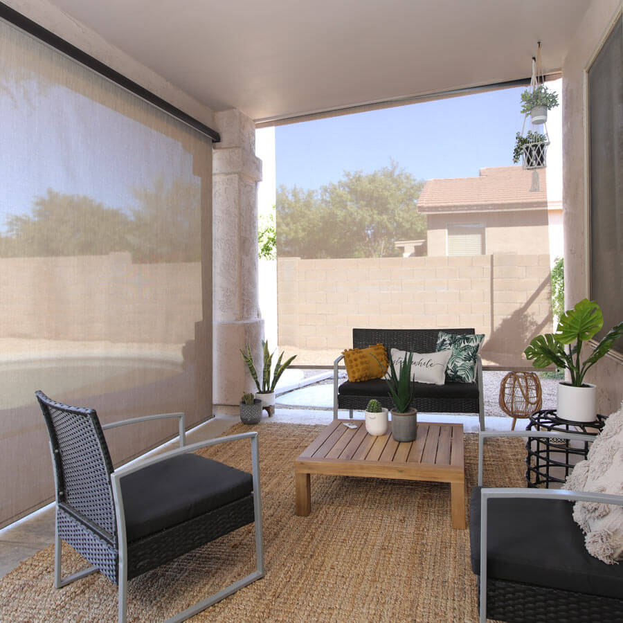 Outdoor Motorized Solar Roller Patio Shades | SelectBlinds.com